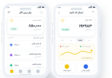 نمای اپلیکیشن موبایل زرین کال با گزارش تماس‌ها و کد تایید
